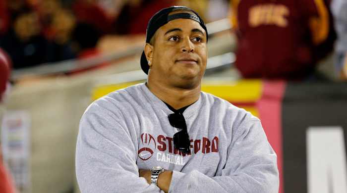 On the sideline of a Stanford-USC game in 2013.
